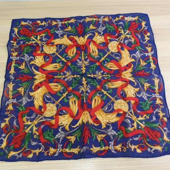 90s VTG CELINE Paris Handkerchief Blue Gold Medallion Arabesque AUTH Luxe 17x18 - Picture 1 of 12